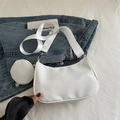 White nylon crescent shoulder bag with small round pouch and wide fabric strap - White