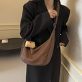 Dark brown lychee leather hobo bag with adjustable strap and cute plush pendant charm - Coffee