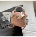 Pink pleated mini box bag with silk scarf handle and plush monster charm detail - Pink