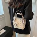 Chic beige crossbody bucket bag with carriage print and red plaid scarf handle - With Charm / Off White
