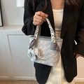 Blue textured bucket bag with animal print and leopard scarf handle decoration - With Charm / Blue