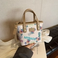 Bolso tote crema con estampado de ratón de dibujos y asas de cuero marrón en contraste - Estilo de Estampado de Dibujos Animados (MYBAOB-1751) / Caqui