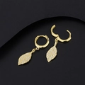 Luxurious gold leaf hoop earrings with micro-paved cubic zirconia on matte black background - Simple Zircon Leaf Hoop Earrings (EH-620) / Gold