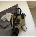 Retro khaki tote bag with black leather trim and cute puppy charm for women - With Pendant / Beige & Black