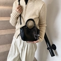Glossy black oil wax leather bucket bag with cute cat pendant and shoulder strap - With Pendant / Black