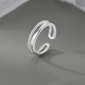 Detail of silver twisted double-layer open ring with minimalist woven texture - Adjustable Open / Irregular Double Layer Hollow Style (JZ-135) / Silver