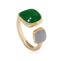 Asymmetric geometric open ring with gold metal and green-grey enamel inlays - Adjustable Open / Asymmetric Geometric Index Finger Ring / Gold with Green Grey Decoration