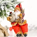 Standing Santa Claus doll in red and black plaid outfit holding a rustic burlap gift bag - Sitting Style Lumberjack