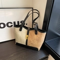 Grand sac cabas bicolore vert et marron avec fermoir doré et doubles anses - Noir