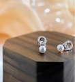 Elegant double-loop silver earrings with cubic zirconia and round white pearls - Double Ring Pearl Silver