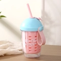 Vaso rosa de doble pared con pajita tapa azul y tenedor para ensalada de frutas - Azul