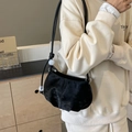 Chic black velvet half-moon shoulder bag with marble bead accents and a slim leather strap - Black