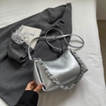 Chic silver metallic underarm bag with pleated texture and stylish silver chain strap - Silver