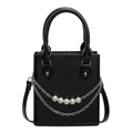 Black textured mini handbag with silver double chains and white pearl accents - Black