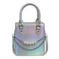 Chic silver holographic mini tote bag with pearl chain strap and metallic finish - Colorful