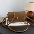 Brown rectangular crossbody bag with gold metal clasp on leather surface - Brown