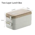 Boîte bento beige à deux niveaux avec couvercle style bois, taille 21,5x12x11cm - Blanc