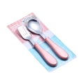 Pink stainless steel baby fork and spoon set with rounded handles for travel use - Pink
