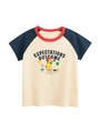 Maglietta bimbi in cotone con maniche raglan e stampa cane carino in stile contrasto - 90cm / Beige/Blu Reale