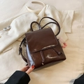 Dark brown glossy mini backpack in vintage style with drawstring and flap closure details - With Pendant / Brown