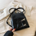 Glossy black leather backpack for women with minimalist flap and drawstring details - No Pendant / Black
