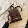 Glossy dark brown faux leather backpack with flap closure and drawstring detail - No Pendant / Brown