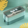 Boîte bento verte à double couche avec couvercle translucide et couverts pliables - 1,1 L / Vert