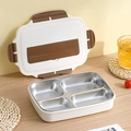Ivoorwitte lunchbox met 4 compartimenten van RVS 304 en bruine sluitklemmen - 1 l / Four Grid Coffee