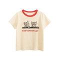 T-shirt bimbi in cotone beige con stampa gatti e bordo rosso sul girocollo - Albicocca Beige / 90cm