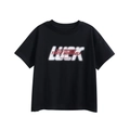 Black cotton T-shirt for kids with white LUCK print and red street style lettering - 120 / Black