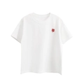 Kids minimalist white short sleeve t-shirt with delicate red floral embroidery on chest - Off-white / 130cm