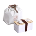 Japanese double-layer lunch box with bamboo lid, cutlery set and portable food bag - White Zirconia Set