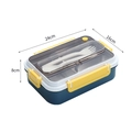 Donkerblauwe roestvrijstalen bento box van 24x16x8cm met ingebouwd besteksetje - 1L Klassiek Blauw (Drie Compartimenten) / Klassiek Blauw