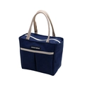Navy blue insulated lunch bag with beige handles and front dual pockets for storage - Small / Blue