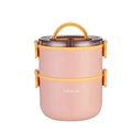 Dual-layer portable lunch box in soft coral pink with yellow handles and large capacity - 1.6L Double Layer Pink