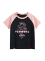 Girls' black raglan sleeve t-shirt with pink floral graphics and flawless luck text - Black / Pink / 90cm
