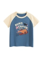 Blauw raglan t-shirt voor kinderen met cartoon hond op skateboard en ronde halslijn - Marineblauw/Abrikoos / 90cm