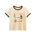 Beiges Kinder-T-Shirt mit Waldtier-Print und braunen Kontrastbündchen - Beige Aprikose / 100cm
