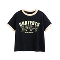 Kids black T-shirt with beige contrast collar and baseball cartoon graphic print - 120cm / Black with Beige