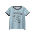 Light blue retro ringer t-shirt with brown contrast collar and vintage ice cream bear print - Size 90 / Aqua