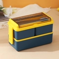 Zweistöckige 1400ml Bento-Lunchbox in Blau und Gelb mit Fächern und Besteckset - 1.4L Rechteckig Blau