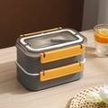 Boîte à lunch grise double couche en inox avec boucles jaunes et couvercle clair - Double Couche / Gris