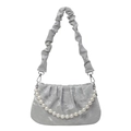 Hellgraue geraffte Cloud-Bag mit eleganter Perlenkette und Scrunchie-Schultergurt - Silber