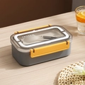 Boîte à déjeuner double couche grise en inox avec boucles jaunes et couverts - Monocouche / Gris