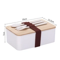 Boîte à bento blanche japonaise avec couvercle en bambou et 3 couverts, 19x11.5x7cm - 1L Rectangulaire Blanc (XC-566)