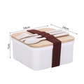 Bento box carrée blanche avec couvercle en bambou, couverts et sangle, taille 14x14x7cm - 700ml Carré Blanc (XC-567)
