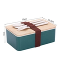 Boîte à bento vert foncé avec couvercle en bois et set de couverts avec sangle - 1L Rectangulaire Vert (XC-566)