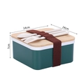 Boîte bento carrée vert foncé avec couvercle en bois, sangle et couverts (14x14x7cm) - 700ml Carré Vert (XC-567)