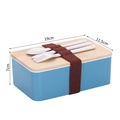 Boîte à lunch bento bleue avec couvercle en bois et couverts 19x11.5x7cm - 1L Rectangulaire Bleu (XC-566)