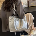 Silver metallic tote bag with faux leather texture and pearl chain strap detail - One Size / Silver